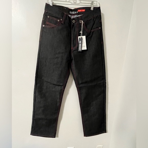 KAYDENK Raw Loose Fit Unwashed Denim Contrast Red Stitch Jean Men Size 32/30‎ - Picture 1 of 4